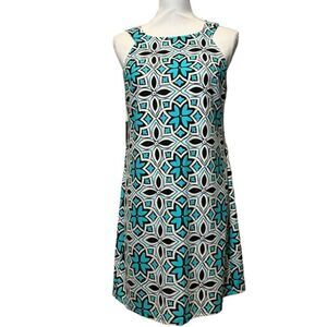 Aryeh Sleeveless Halter Neck Dress in White, Turquoise, Black Sheath Size Medium